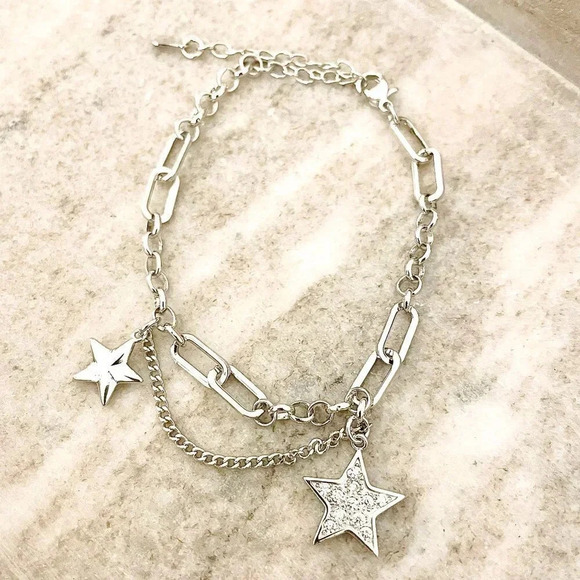 925 Sterling Silver Star Bracelet Minimalist Modern Chain Link Bracelet - Picture 1 of 4